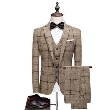 Check Plaid Men Suits Sets Slim Fit Single Breasted Notch Lapel Groom Wedding
