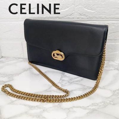 CELINE Horse Carriage Logo Chain Shoulder Bag Black Leather Gold Hardware Auth