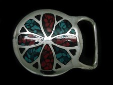 UD03131 VINTAGE 1970s OCTAGONAL ART DESIGN SOUTHWESTERN DESIGN CHROME BUCKLE