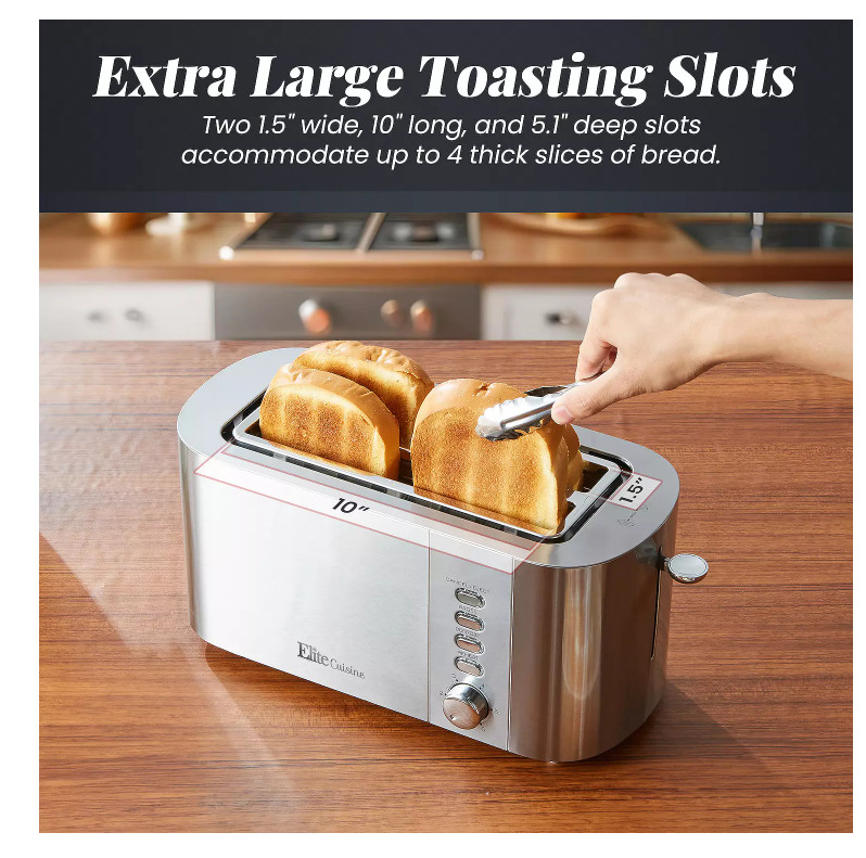 4-Slice Long Slot Toaster with Extra-Wide Slots & Bagel Function, Elite Cuisine