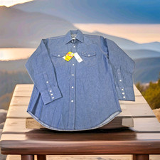 Wrangler Shirt Men  s L Blue Denim Jean Pearl Snap Cowboy Cut Work Western NWT