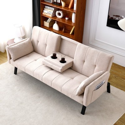 70'' Cotton Linen Sofa Bed, Foldable Sofa w/Cup Holder& Storage,Multi-Functional