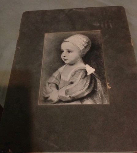 Vintage 8x9 1/2" Unframed Matted B/W Renaissance Baby In Bonnet - Some Damage
