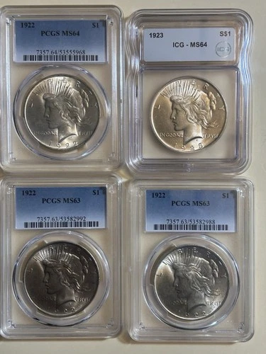 LOT OF (4) 1922 & 23 SILVER PEACE DOLLARS MS64 & MS63 BEAUTIFUL COINS 🔥🔥📈📈