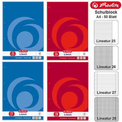 Herlitz Schulblock A4 50 Blatt Lineatur 25 26 27 28 kariert liniert gelocht Rand