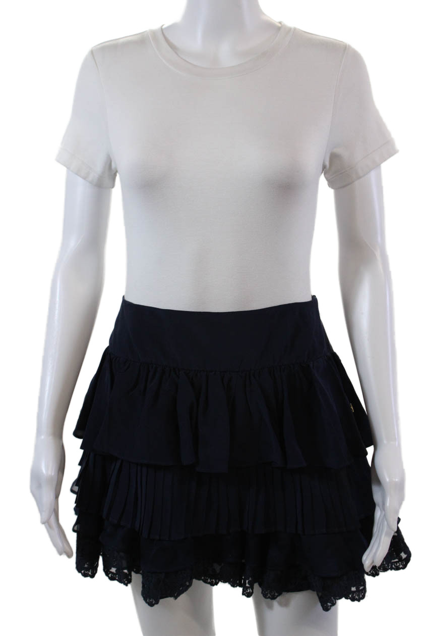 Tt Womens Silk Embroidered Pleated A Line Mini Skirt Navy Blue Size 2Free Shipping in US $100+ Orders | $6.95 Orders Below