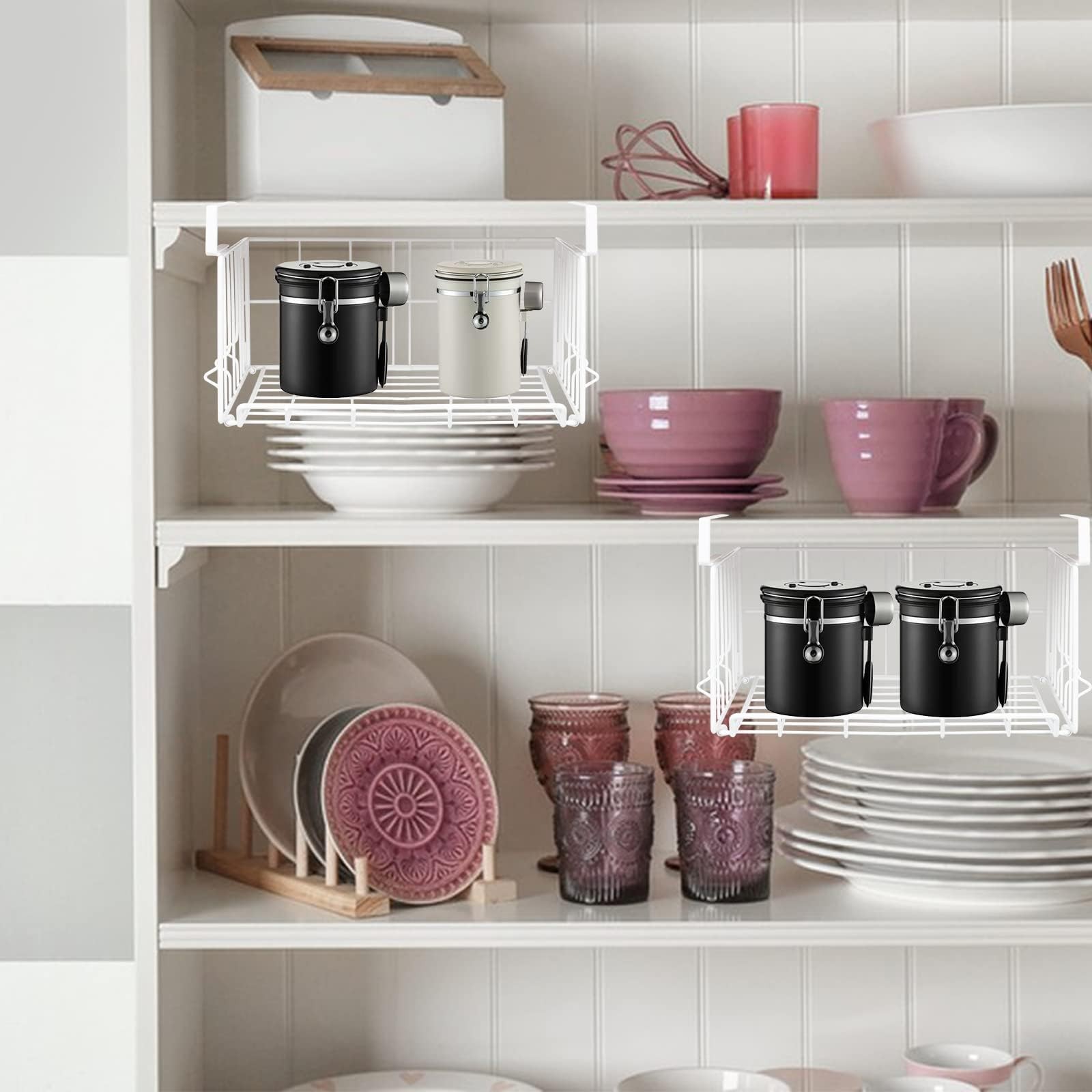 Hanging Under Shelf Storage Basket, 4 Pack Foldable Under Cabinet Metal Desk ...