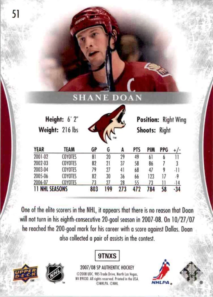 2007-08 Upper Deck SP Authentic Shane Doan #51 - Image 2 of 2