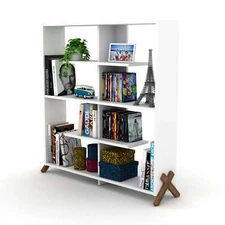 Modern 6 Shelves Industrial Bookcase Wood Frame Shelving Open Back, Walnut/White