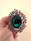 Vintage Emerald Pin, Gift For Her New Green Rhinestone Crystal Brooch, 2.5 Inch