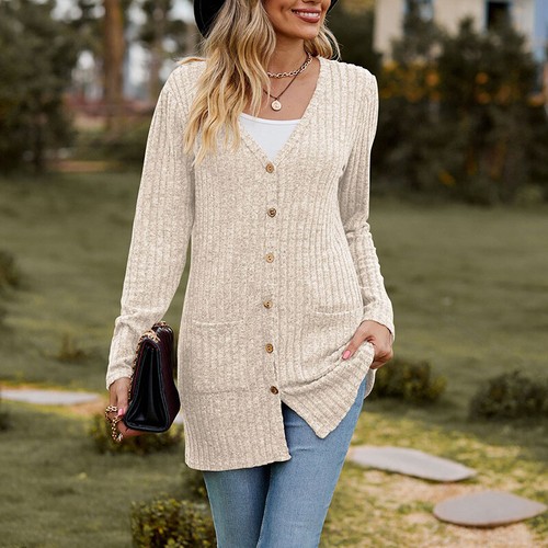 Ladies Coat Long Sleeve Outwear Women Loose Open Front Holiday Ribbed Jacket - Picture 35 of 36