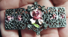Silver Toned Metal Filigree Pink Enamel Flowers Floral Hair Barrette Clip Gift