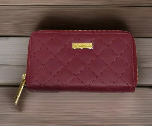NEW - JOY & IMAN Berry maroon Red Double Zipper Leather Wallet 5×8" Credit Card