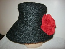 Vintage Women's Black Straw Hat With Red Flower Macy New York, Made In Italy.