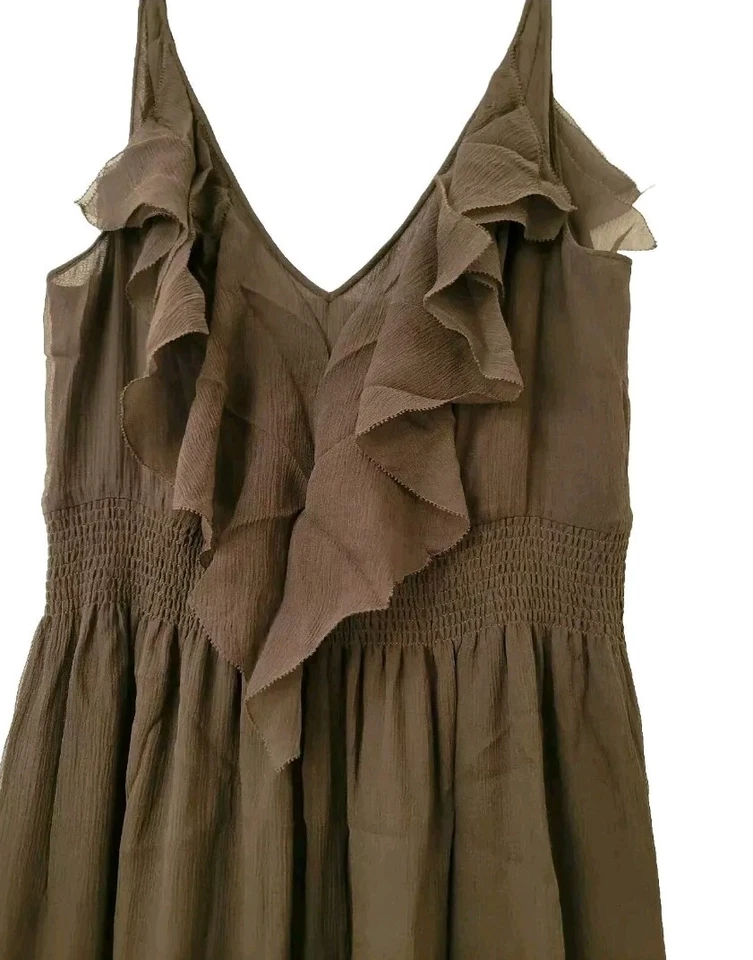 Maxi Vestido Rebecca Taylor Para Mujer Talla 10 Marrón Crepé Seda Volantes Sin Mangas  Foto 4 de 4