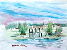 Theodor Prince 1946-2008: On the Lake Village with Forest Under High Sky Watercolor 1979