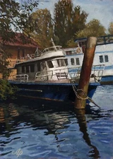 Ambler at anchor. Landscape Oil painting 25х30 cm Ukrainian Original Art