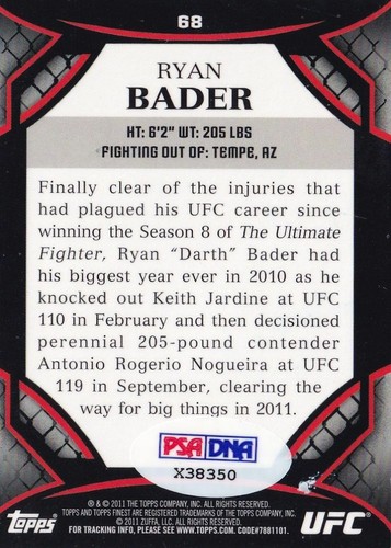 Ryan Bader Signed 2011 Topps Finest UFC Card #68 PSA/DNA COA Bellator Autograph - Picture 3 of 24