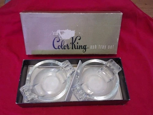 Vintage Federal Glass Co Color King Ash Tray Set Clear Glass in Original Box NEW
