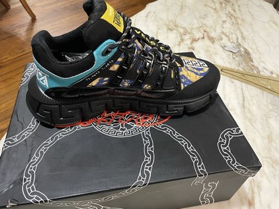 Versace Trigreca Baroque Men's Sneakers Black Blue Yellow Lace Up Low Top