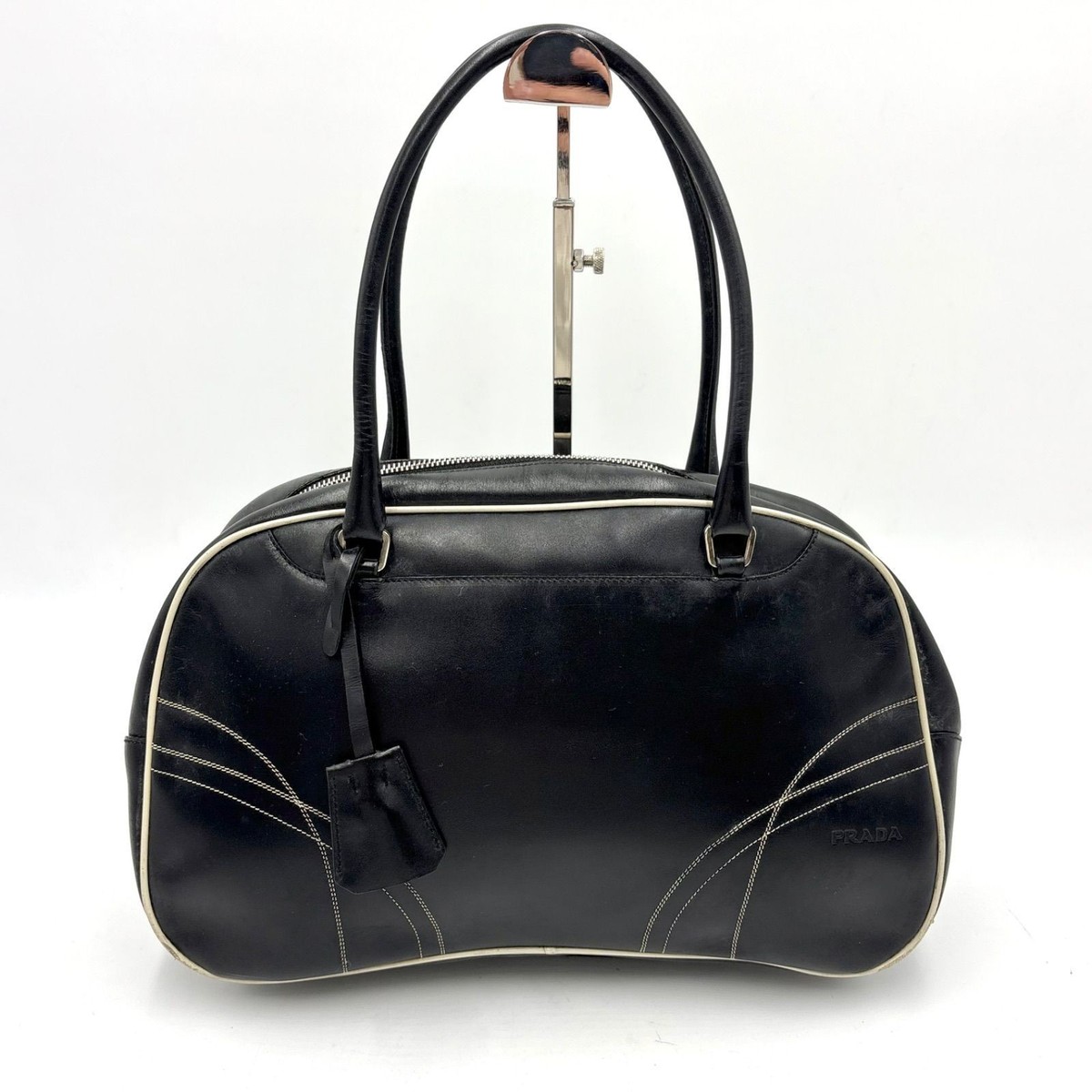 Auth PRADA Y2K Archive Bowling bag Leather Tote Mini boston Black