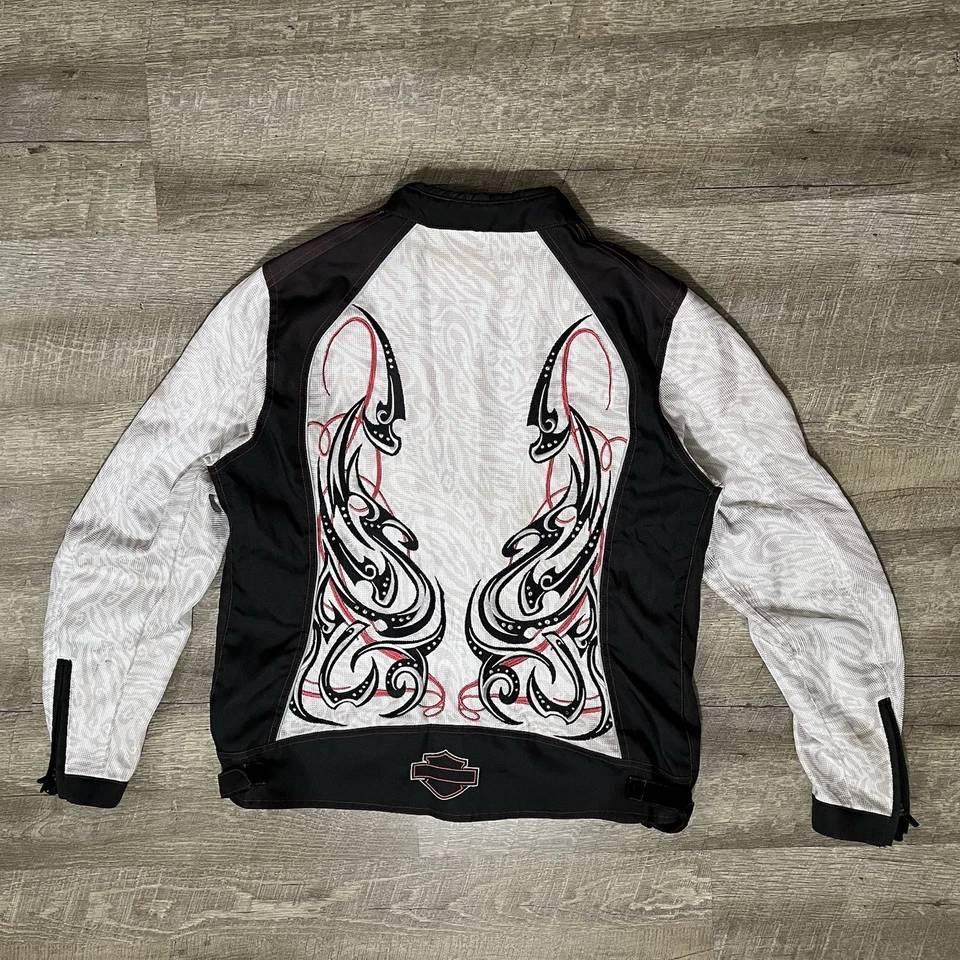 Harley Davidson женщин мотоциклетная куртка черный розовый TRIBAL графический XL Y2K читать - Изображение 2 из 4