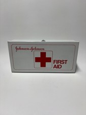 VINTAGE Johnson & Johnson Metal First Aid Kit Wall Mount Box , White & Red Empty