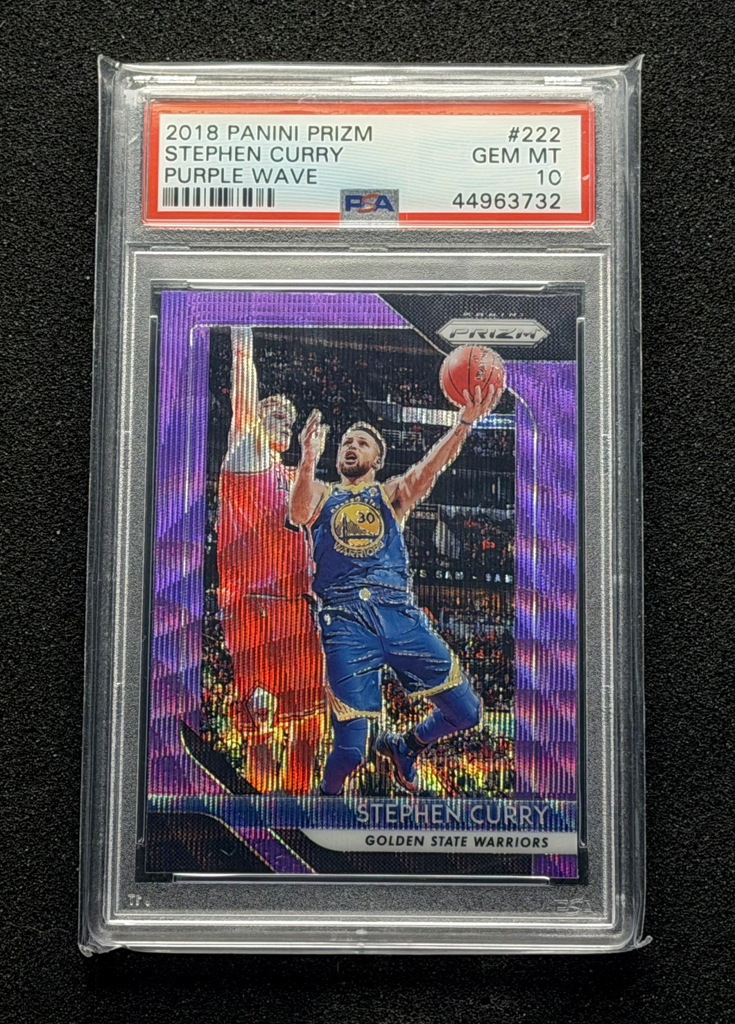 PSA 10 Stephen Curry 2018 Panini Prizm Purple Wave #222 Warriors GEM MINT Card view 2