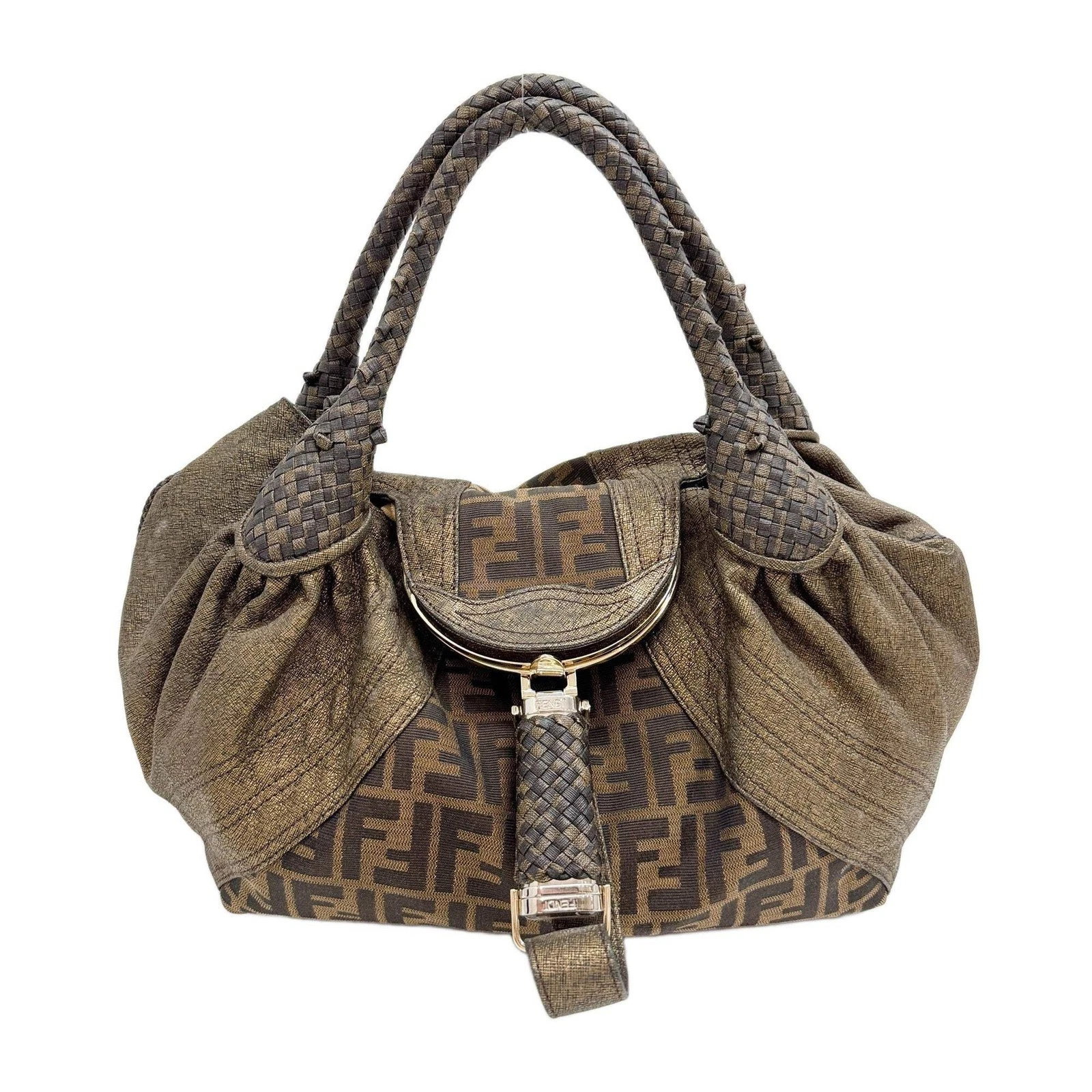 Fendi — FENDI Spy Brown Zucca Canvas & Metallic Leather Shoulder Bag