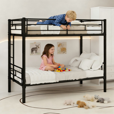 Twin Over Twin Metal Bunk Bed for Kids Ladders Guardrail 2 Beds No Mattress