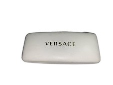 GOOD Versace Embossed Gold Logo White Leather Hard Clamshell Eyeglass Case