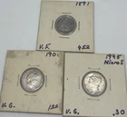 US Mint Silver Dimes Set Of 3. Barber, Seated, Liberty. 1891, 1900, 1945.