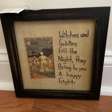 HALLOWEEN Primitive Hand Stitched Framed Under Glass by Kathy Wall /Table Top