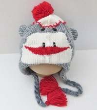 Sock Monkey Winter Knit Hat Ear Flaps with Red Pom Pom and Tie Tassels Lined