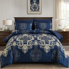 Blue Gold Queen Comforter Set, 7 Pieces Boho Bed in a Bag for Queen Bed, Damask