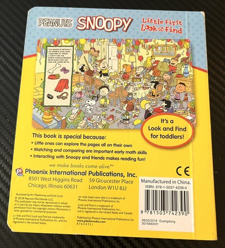 2018 Little First Look and Find Peanuts Snoopy Mini Hardcover Board Book Pi Kids - Picture 2 of 5