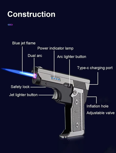 Pistol-Shaped Gas & Electric Dual Flame cigarette Lighter - USB Rechargeable - Picture 2 of 14