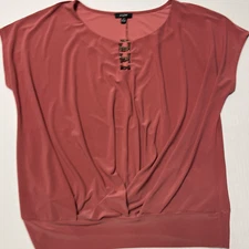 A. U. W. Blouse Shirt Women Size Medium Pink w/Chest Buckles Sheer Flowing Top