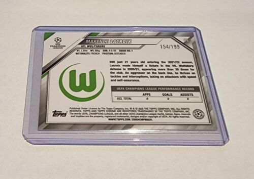 2021/22 Topps Chrome UEFA CL Aqua Wave Refractor Maxence Lacroix 154/199 - Picture 2 of 2