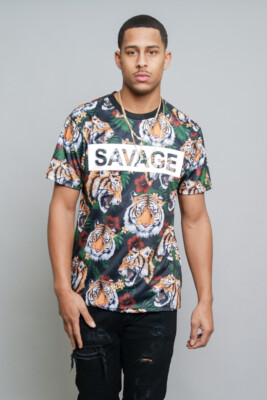 Victorious Men's Casual 3D Savage Floral Letters Tiger Print T