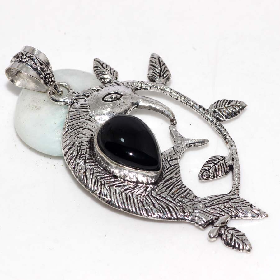 Black Onyx 925 Silver Plated Bird Gemstone Handmade Pendant 2.6