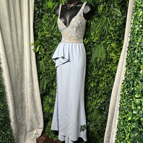 ELEGANT Dress Women XS Blue Nude Peplum Gown Sequin Embroidered Beaded 2670 - 第 5/6 張圖片