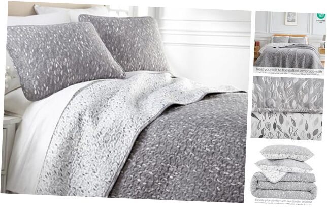 Oversized Queen Quilt Bedding Set, 3-Piece, Full / Queen Botanical Leaves Grey