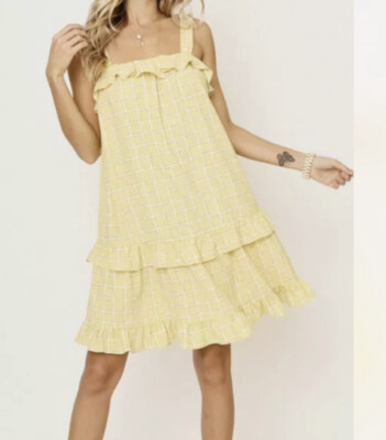 NEW ces femme womens plaid mini dress ruffle casual spring summer boho yellow L