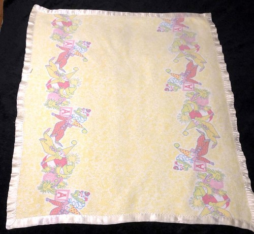 Vintage Mount Vernon Mills Satin Trim Crib Blanket Clown Print Yellow