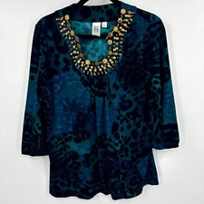 Marc Bouwer Blouse Womens Small Blue Leopard Stretch Embellished Horseshoe Neck