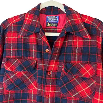 Vintage 60's Pendleton Red & Blue Plaid Virgin Wool Board Shirt M