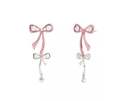 Coach Signature Bowtique Pearl Double Drop Earrings (Silver/Pink)