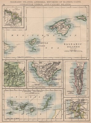 IBERIA. Balearics Canaries Gibraltar Andorra Madrid Lisbon. JOHNSTON 1897 map