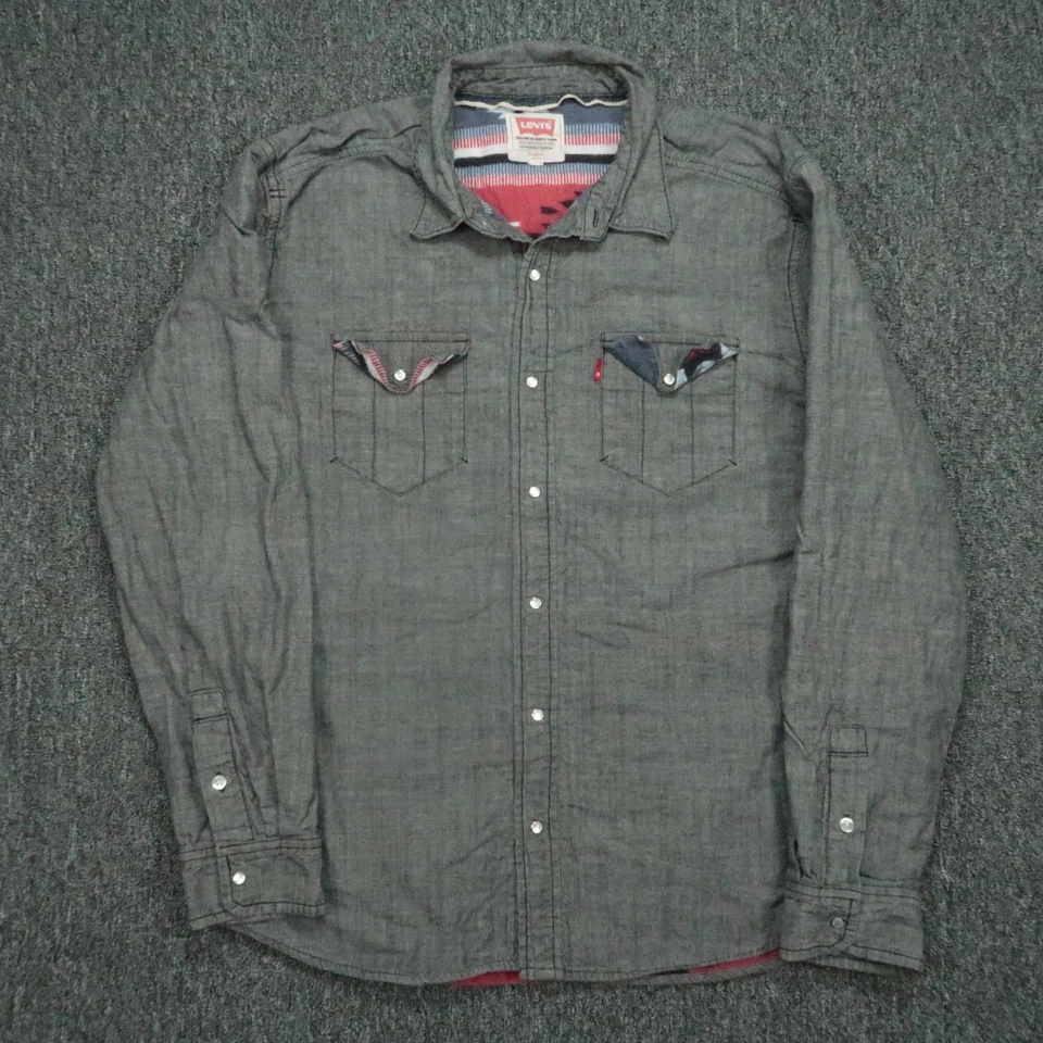 Levis Shirt Mens Extra Large Gray Denim Pearl Snap Aztec Flannel Lined Western - Image 2 of 4